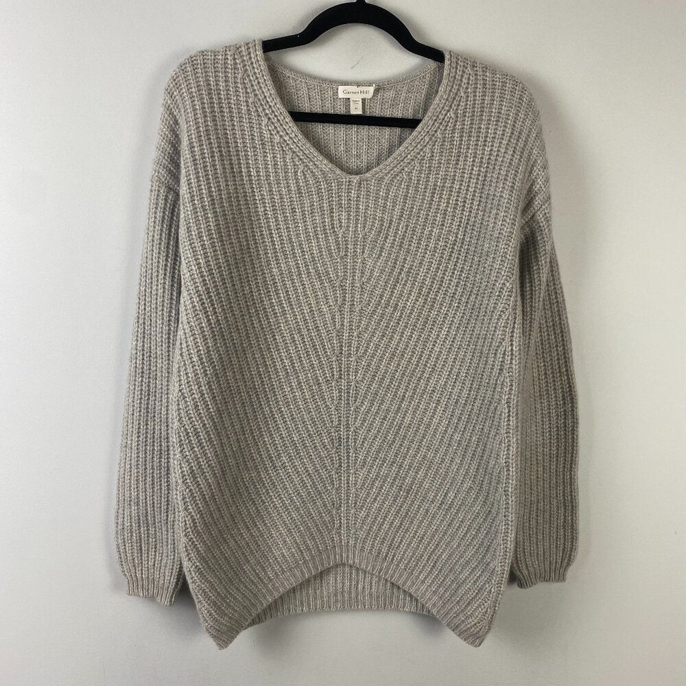 Garnet Hill Cashmere Chunky-Rib Pullover Size M Gray V Neck 100% Cashmere